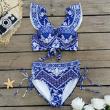 High-Belt Strap-Print Split Swimsuit Woman 2025 New Bikini Skirt Three-Piece Lotus