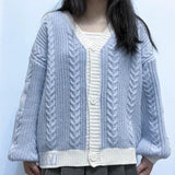 New Autumn / Winter New V-Collar Lantern Sleeve Patchwork Color Sweater Loose Casual Sweater Coat-Outfit
