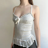 Fongt Desire Sexy Wind Wood Ear V Collar Sling Female Bow Chest Knit Mesh Splicing Vest-Outfit