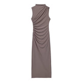 New Pleated Trim Sleeveless Flute Dress 3152200-Outfit