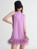 Fongt Design Sense Solid Color A-Line Skirt 2024 Spring Round Collar Sleeveless Hem Ostrich Hair Decoration Loose Dress-Outfit