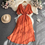 Fongt Summer New Temperament V-Neck Elasticity To Collect The Waist Of The Long Seaside Vacation Beach Chiffon Dress Woman