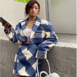 Winter Plaid Vintage Tweed Two Piece Set Korea Women Single-Breasted Woolen Short Jacket Coat + Mini Skirt 2 Piece