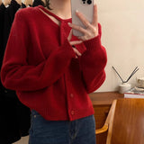Fongt Heart Machine Women's Neckline Hollow Single Buckle Knitted Shirt 2024 New Loose Winter Small