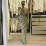 Draped Off-Shoulder Long Sleeve Top And Maxi Skirt Set-Outfit