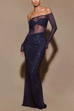 Fongt Women's Perspective Evening Dress Dress Sexy Long-Term Repair Shoulder Woman 8108