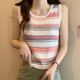 New Rainbow Striped Vest Round Neck Sweater Thin Ice Wire Halter Top-Outfit