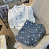 Women High Quality Summer 2-piece Set O-Neck Black Short Sleeve Knit Tops+Blue Printed Denim Mini Skirt Suit Female