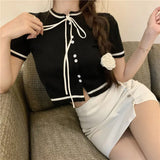 Fongt Fragrant Neckline With Black Thin Knitted Short-Sleeved T-Shirt For Women 2023 New Summer Short Ice Silk