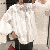 Up Bow Shirts Blouses Lantern Long Sleeve Blusas Mujer Single Breasted Camisas Pleated Ropa 2024 Spring Womens Clothing-Outfit