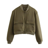 Fongt Color Jacket 2023 Stand Collar Double Pocket Solid Color Locomotive Ker Pilot Jacket Cotop Female-Outfit