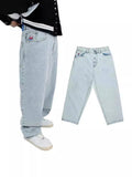 Boy Jeans Y2K Hip-Hop Cartoon Embroidery Retro Blue Loose Gothic Wide-Legged Pants-Outfit