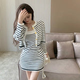 Women's Two piece set Stripe Slim Spaghetti Strap Dress Casual Versatile Knitted Set Spring Autumn-Outfit
