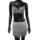 Shiny Sequined 2 Piece Set Women Spaghetti Strap Patchwork Bra Crop Top Bling Tassel Waist Chain Clubwear 2 Pcs