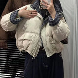 Grid Splicing Down Jacket Female Short 2024 New Retro Sweet And Thick White Duck Velvet Bread Coat-Outfit