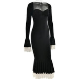 Solid Long Flared Two-piece Crop Sleeve Midi Dress-Outfit