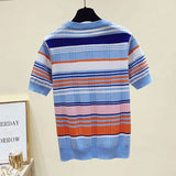 Summer O-Neck Striped Knitted Sweater Women 2023 Short Sleeve Beading Sweaters Pullovers Korean Jumper Tops Pull