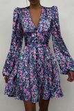 V Neck Puff Long Sleeve Mini