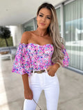 Hot Style Spring And Summer Sexy Word Collar Open Shoulder Wrapped Chest Print Shirt-Outfit