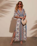 Fongt Women's Spring-Summer Printing Long-Sleeved Print V-Neck Dress Women