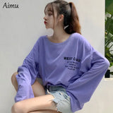 oversized T Shirt Women batwing Sleeve Basic Korean letter printed purple t-shirts Top Female Long Sleeve White