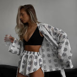 Fongt New Loose Long-Sleeved Women's Printed Casual Commute With Pajamas High-Waist Shorts Set