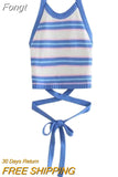 Women Sexy Backless Vest, Stripe Pattern Halter Neck Sleeveless Crop Tops, Blue/