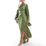 Fongt Women's Oblique Shoulder Dress Solidly Exposed Shoulder Repair Fork Horn Sleeve 8089