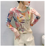 Spring Summer Intimated Silk Fabric T-shirts For Women Fairy Printing Floral Tee Shirt Female Slim High Stretch Top-Outfit