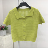 Sweater Women's 2024 Summer Korean Version Of Single-Breasted Polo Collar Knitted T-Shirt Short Style Short-Sleeved Blouse-Outfit