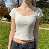 Solid White Short Sleeve Crop Top Women Casual Crewneck Slim Knitted T Shirts Streetwear Y2k Summer Tees Basic All-match-Outfit