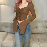 Fongt 2023 New Women's Solid Color Irregular Sleeve Drawn Pleated Rope Fish Bone Waist Exposed Umbilical T-Shirt-Outfit
