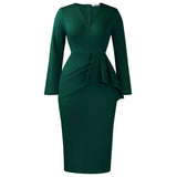 Fongt Women's 2025 Autumn/Winter Fashion V-Neck Long Sleeves Solid Colored Flawed Buffet OL Tongle African Dress