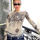 2024 Autumn New Round-Neck Long-Sleeved Head Print Micro-Permeable Casual Women's