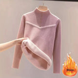 Women Winter Mock Neck Plush Lined Sweater Casual Thicken Warm Knit Tops Korean Slim Pullover Soft Plus Velvet Knitwear