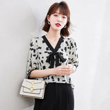 Printing Women's Blouse Chiffon Loose Bow Shirt Summer Short Sleeve Top Casual Fashion V-Neck 2022 New Korean Style