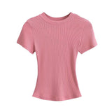 Trend Women's Wear Thread Slim Short-Sleeved T-Shirt Sexy Round Collar Solid Color Shoulder Show Thin Short Navel Blouse-Outfit
