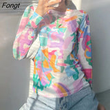 Japanese Style Y2k Aesthetic Mesh Tops See Through Translucent Long Sleeve T Shirts Women Tie Dye Art Print