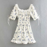 Hollow Out Embroidery Wood ears Square Collar Short Dress White Puff Sleeve Women Elastic Ruched Holiday