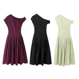 Fongt Women's ZA Summer New Temperament Light Long Shoulder Folded Dress