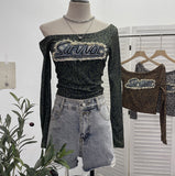 Real Shooting Spice Girls Letter Sticker Leopard Long-Sleeved T-Shirt 2024 Autumn New Thin Short Top