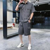 Men's Set Korean Casual Striped Short Sleeve Shirts Knee-length Elastic Shorts Chest