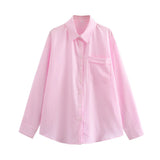 New Four-Color Striped Single Pocket Loose Casual Shirt-Outfit