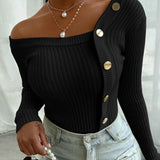 Fashion Elegant Knitted Tops Long Sleeve Off Shoulder Sexy Casual Slim Buttons Top Femme Ladies Solid Sweaters Fall