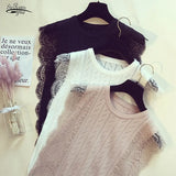 Summer Korean Women Mesh Shirt Sleeveless O-Neck Lace Knitted Patchwork Tops Chic Solid Hollow Out Clothes Blusas 8795