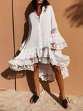 Women's Dress Mid-Claf Vestido De Mujer2022 Summer Lace Patchwork Sundress Casual Flare Sleeve Female White Shirt