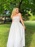 Summer Square Neck White Midi Dress Elegant Sleeveless A Line Holiday Party Dress Casual Women Lace Dress 2023-Outfit