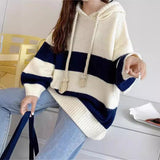 Wind Hooded Striped Sweater Women's 2024 Spring And Autumn New Large Size Thin Loose Age Korean Knitted Blouse-Outfit