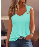Fongt Summer Fashion Sexy Simple Metal Button V-Neck Sleeveless Women's Solid Color Sweet