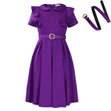 Fongt Women's Short-Sleeved Doll Collar Solid Color Short-Sleeved Lotus Leaf Side High-Waisted Dress